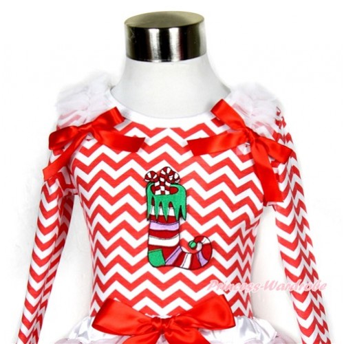 Xmas Red White Wave Long Sleeves Top with Christmas Stocking Print With White Ruffles & Red Bow TO122 