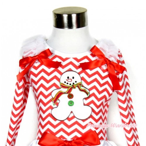 Xmas Red White Wave Long Sleeves Top with Christmas Gingerbread Snowman Print With White Ruffles & Red Bow TO123 