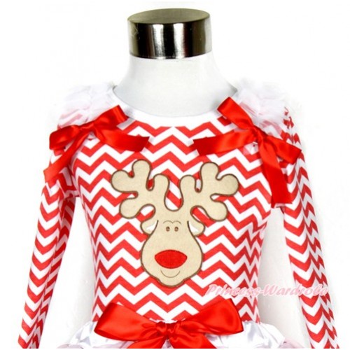 Xmas Red White Wave Long Sleeves Top with Christmas Reindeer Print With White Ruffles & Red Bow TO124 
