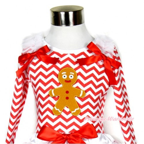 Xmas Red White Wave Long Sleeves Top with Brown Gingerbread Man Print With White Ruffles & Red Bow TO125 