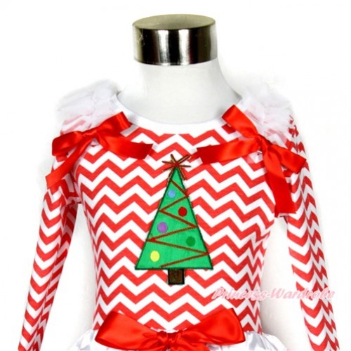 Xmas Red White Wave Long Sleeves Top with Christmas Tree Print With White Ruffles & Red Bow TO126 