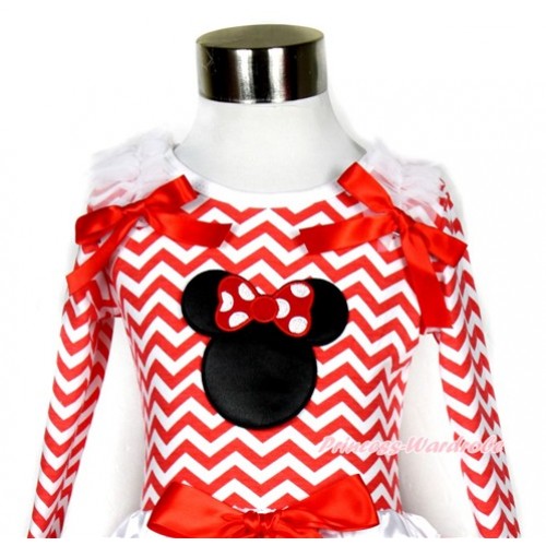 Xmas Red White Wave Long Sleeves Top with Minnie Print With White Ruffles & Red Bow TO128 