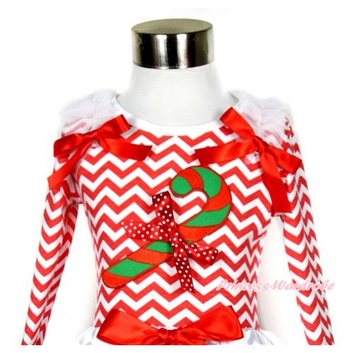 Xmas Red White Wave Long Sleeves Top with Christmas Stick Print & Minnie Dots Bow With White Ruffles & Red Bow TO129 