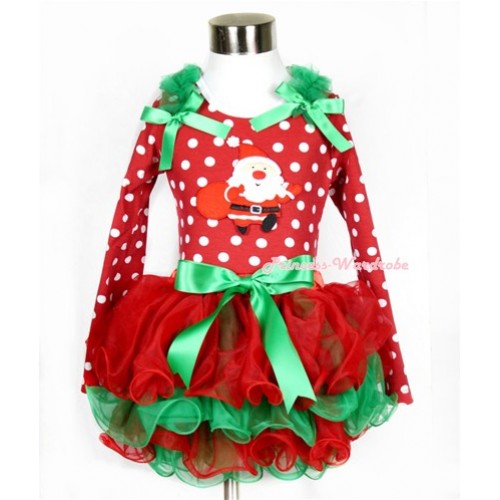 Xmas Kelly Green Bow Red Green Petal Pettiskirt with Matching Minnie Dots Long Sleeve Top with Kelly Green Ruffles & Kelly Green Bow & Gift Bag Santa Claus Print MW316 