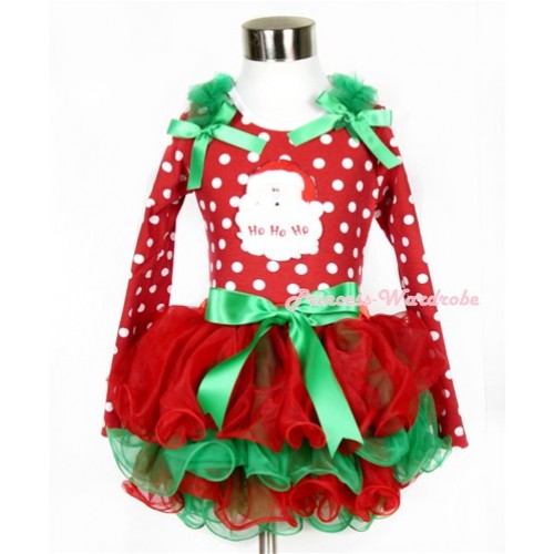 Xmas Kelly Green Bow Red Green Petal Pettiskirt with Matching Minnie Dots Long Sleeve Top with Kelly Green Ruffles & Kelly Green Bow & Santa Claus Print MW317 