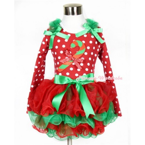 Xmas Kelly Green Bow Red Green Petal Pettiskirt with Matching Minnie Dots Long Sleeve Top with Kelly Green Ruffles & Kelly Green Bow & Christmas Stick Print & Minnie Dots Bow MW318 