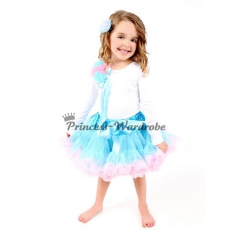 Light Blue Pink Pettiskirt with Matching White Long Sleeves Top with Bunch Light Blue Pink Rosettes & Light Blue Bow MW05 