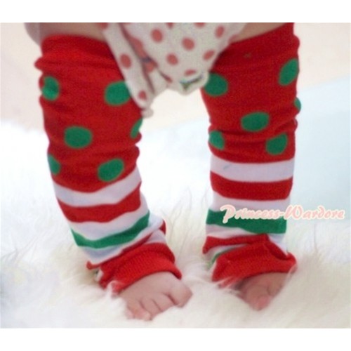 Newborn Baby X'mas Red Dark Green Polka Dots Red White Dark Green Stripes Leg Warmers Leggings LG156 