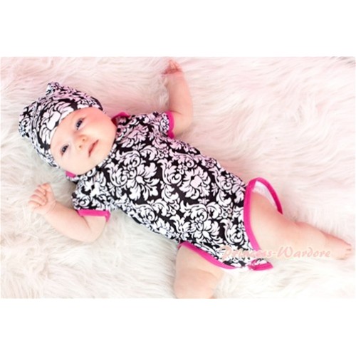 Hot Pink Damask Print Baby Jumpsuit with Cap Set TH161 