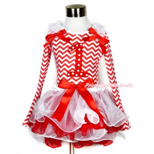 Xmas Red Bow White Red Petal Pettiskirt with Matching Red White Wave Long Sleeve Top with White Ruffles & Red Bow & 1st Red White Dots Birthday Number Print MW326 