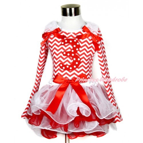 Xmas Red Bow White Red Petal Pettiskirt with Matching Red White Wave Long Sleeve Top with White Ruffles & Red Bow & 3rd Red White Dots Birthday Number Print MW328 