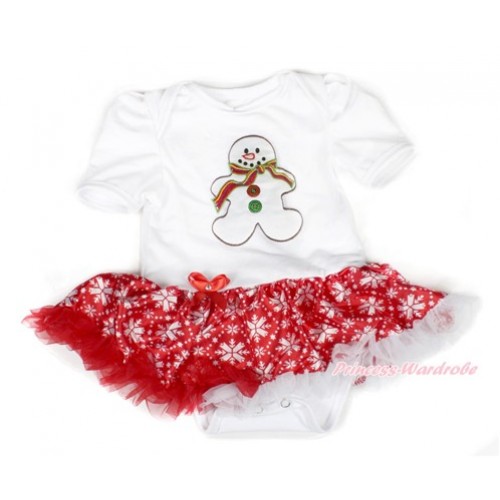 Xmas White Baby Bodysuit Jumpsuit Red Snowflakes Pettiskirt with Christmas Gingerbread Snowman Print JS1526 