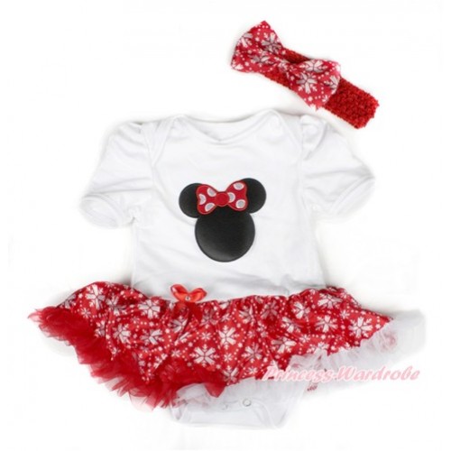 Xmas White Baby Bodysuit Jumpsuit Red Snowflakes Pettiskirt With Minnie Print With Red Headband Red Snowflakes Satin Bow JS1533 