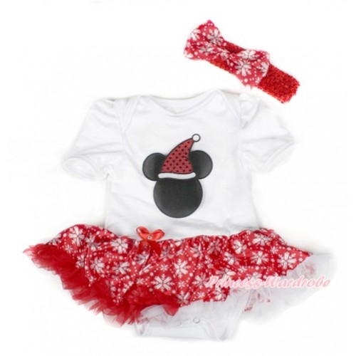 Xmas White Baby Bodysuit Jumpsuit Red Snowflakes Pettiskirt With Christmas Minnie Print With Red Headband Red Snowflakes Satin Bow JS1534 