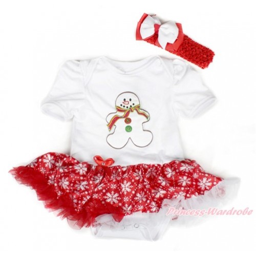 Xmas White Baby Bodysuit Jumpsuit Red Snowflakes Pettiskirt With Christmas Gingerbread Snowman Print With Red Headband White Red Ribbon Bow JS1537 
