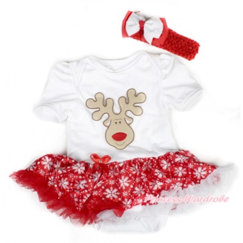 Xmas White Baby Bodysuit Jumpsuit Red Snowflakes Pettiskirt With Christmas Reindeer Print With Red Headband White Red Ribbon Bow JS1539 