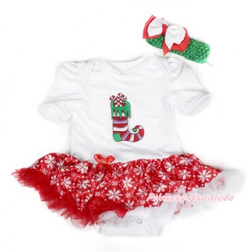 Xmas White Baby Bodysuit Jumpsuit Red Snowflakes Pettiskirt With Christmas Stocking Print With Green Headband White Red Ribbon Bow JS1541 