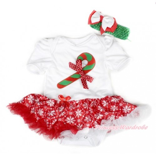 Xmas White Baby Bodysuit Jumpsuit Red Snowflakes Pettiskirt With Christmas Stick Print & Minnie Dots Bow With Green Headband White Red Ribbon Bow JS1542 