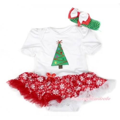 Xmas White Baby Bodysuit Jumpsuit Red Snowflakes Pettiskirt With Christmas Tree Print With Green Headband White Red Ribbon Bow JS1543 