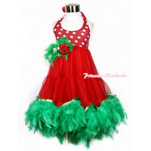 Xmas Red White Polka Dots ONE-PIECE Petti Dress with Kelly Green Posh Feather & Green Feather Crystal Rose Bow With Accessory 2PC Set LP26 