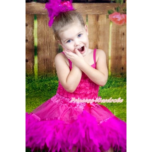 Hot Pink Romantic Rose Strap Pettitop With Hot Pink Posh Feather Baby Pettiskirt With Accessory 2PC Set MR243 