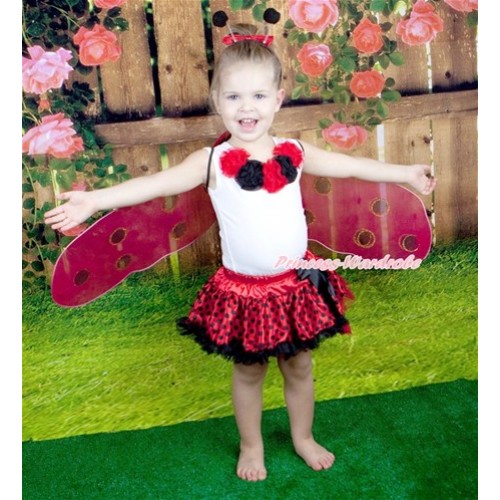 Halloween White Tank Top With Red Black Rosettes With Red Black Dots Pettiskirt With Beetle Wing &Headband 2PC Set MG755 