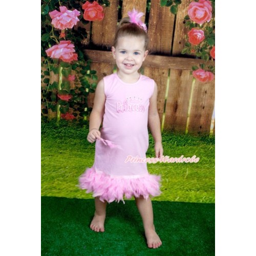 Light Pink One-Piece Pettidress With Princess Print With Light Pink Posh Feather Ruffles With Accessory 2PC Set CD024 
