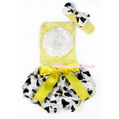 Yellow Bow Milk Cow Satin Bloomer ,White Peony Yellow Crochet Tube Top,Yellow Headband Milk Cow Satin Bow 3PC Set CT649 