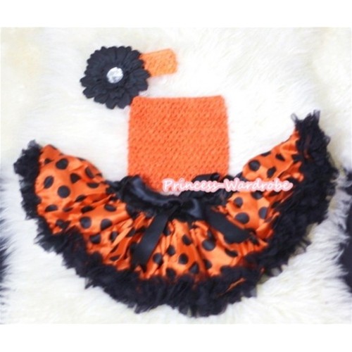 Halloween Orange Crochet Tube Top, Orange Black Giant Polka Dots Pettiskirt with Orange Headband and Black Flower CT316 