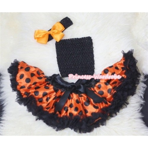 Halloween Black Crochet Tube Top, Orange Black Giant Polka Dots Pettiskirt with Black Headband and Orange Bow CT317 
