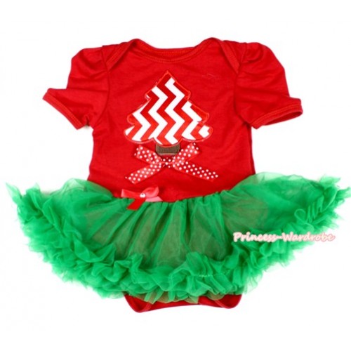 Xmas Red Baby Jumpsuit Kelly Green Pettiskirt with Red White Wave Christmas Tree Print & Minnie Dots Bow JS1553 