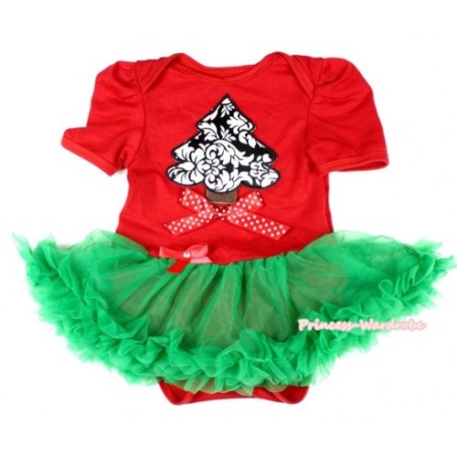 Xmas Red Baby Bodysuit Jumpsuit Kelly Green Pettiskirt with Damask Christmas Tree Print & Minnie Dots Bow JS1564 