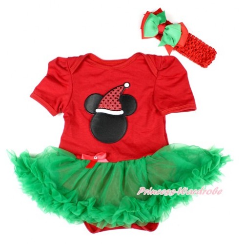Xmas Red Baby Bodysuit Jumpsuit Kelly Green Pettiskirt With Christmas Minnie Print With Red Headband Green Red Ribbon Bow JS1588 
