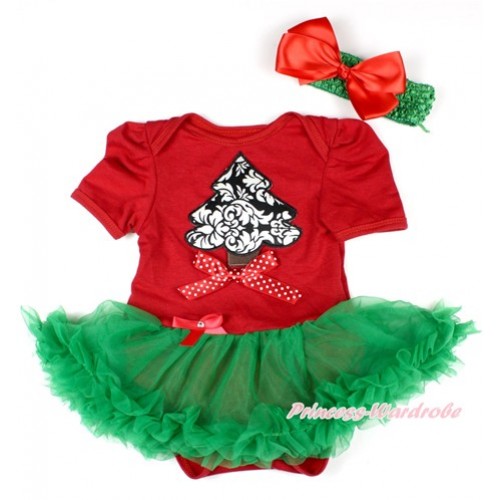 Xmas Red Baby Bodysuit Jumpsuit Kelly Green Pettiskirt With Damask Christmas Tree Print & Minnie Dot Bow With Green Headband Red Silk Bow JS1589 