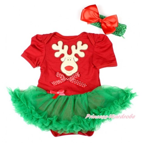 Xmas Red Baby Bodysuit Jumpsuit Kelly Green Pettiskirt With Christmas Reindeer Print & Minnie Dot Bow With Green Headband Red Silk Bow JS1590 