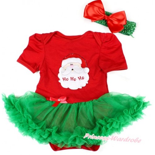 Xmas Red Baby Bodysuit Jumpsuit Kelly Green Pettiskirt With Santa Claus Print With Green Headband Red Silk Bow JS1594 
