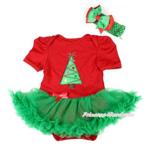 Xmas Red Baby Bodysuit Jumpsuit Kelly Green Pettiskirt With Christmas Tree Print With Green Headband Green Red Ribbon Bow JS1595 