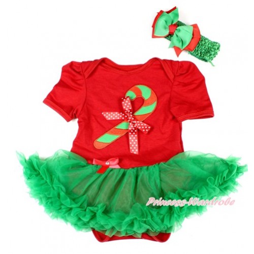 Xmas Red Baby Bodysuit Jumpsuit Kelly Green Pettiskirt With Christmas Stick Print & Minnie Dots Bow With Green Headband Green Red Ribbon Bow JS1596 