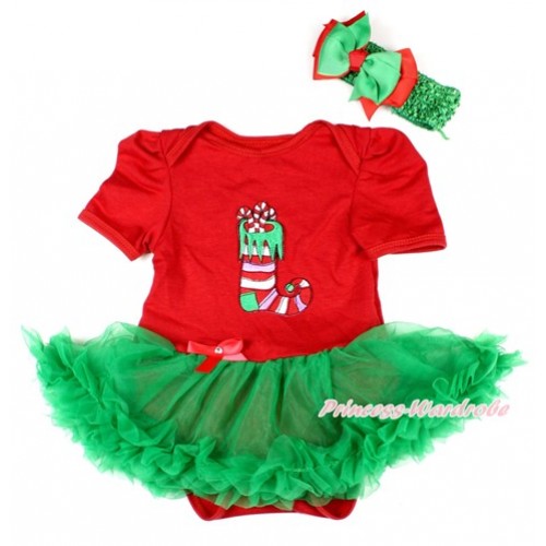 Xmas Red Baby Bodysuit Jumpsuit Kelly Green Pettiskirt With Christmas Stocking Print With Green Headband Green Red Ribbon Bow JS1597 