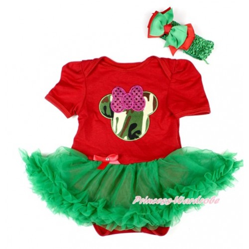 Xmas Red Baby Bodysuit Jumpsuit Kelly Green Pettiskirt With Sparkle Hot Pink Camouflage Minnie Print With Green Headband Green Red Ribbon Bow JS1598 