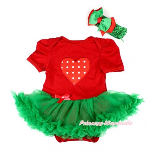 Xmas Red Baby Bodysuit Jumpsuit Kelly Green Pettiskirt With Red White Dots Heart Print With Green Headband Green Red Ribbon Bow JS1601 