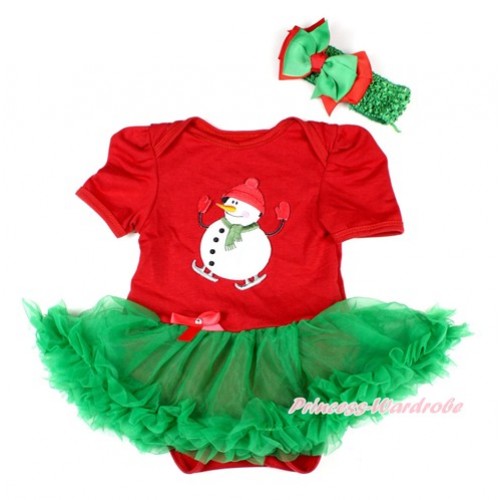 Xmas Red Baby Bodysuit Jumpsuit Kelly Green Pettiskirt With Ice-Skating Snowman Print With Green Headband Green Red Ribbon Bow JS1602 