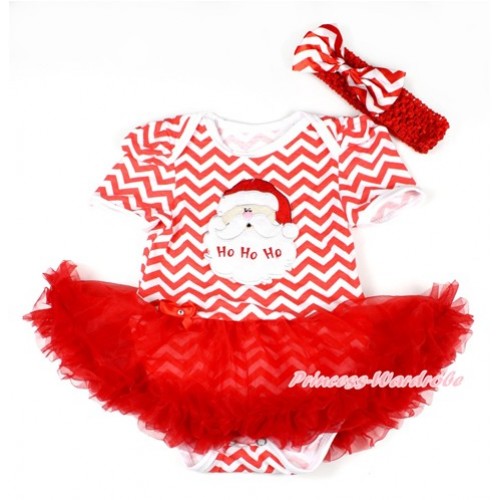 Xmas Red White Wave Baby Bodysuit Jumpsuit Red Pettiskirt With Santa Claus Print With Red Headband Red White Wave Satin Bow JS1605 