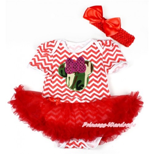 Xmas Red White Wave Baby Bodysuit Jumpsuit Red Pettiskirt With Sparkle Hot Pink Camouflage Minnie Print With Red Headband Red Silk Bow JS1610 