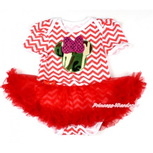 Xmas Red White Wave Baby Bodysuit Jumpsuit Red Pettiskirt with Sparkle Hot Pink Camouflage Minnie Print JS1574 