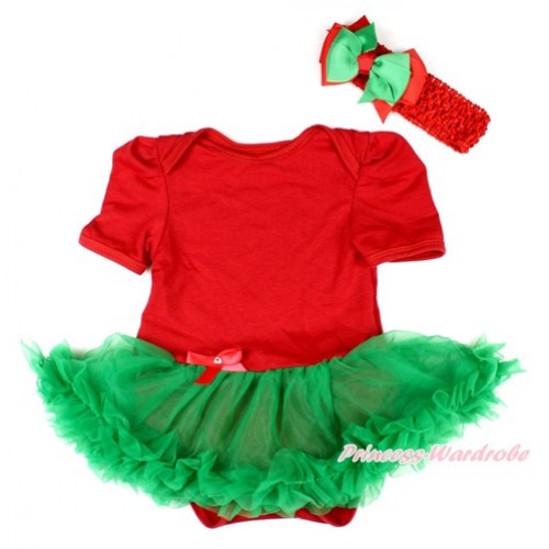 Xmas Red Baby Bodysuit Jumpsuit Kelly Green Pettiskirt With Red Headband Green Red Ribbon Bow JS1582 
