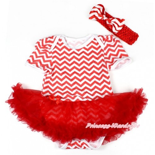 Xmas Red White Wave Baby Bodysuit Jumpsuit Red Pettiskirt With Red Headband Red White Wave Satin Bow JS1583 