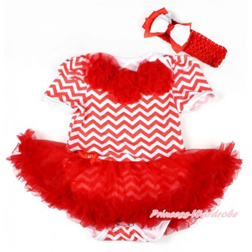 Xmas Red White Wave Baby Bodysuit Jumpsuit Red Pettiskirt With Red Rosettes With Red Headband White Red Ribbon Bow JS1585 