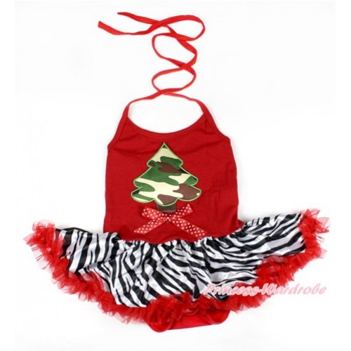 Xmas Red Baby Bodysuit Halter Jumpsuit Red Zebra Pettiskirt With Camouflage Christmas Tree & Minnie Dots Bow Print  JS1625 