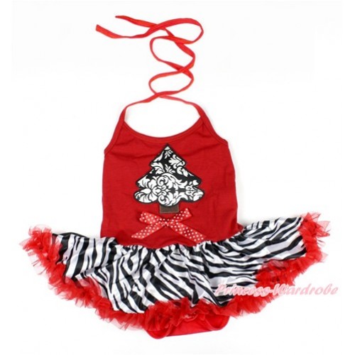 Xmas Red Baby Bodysuit Halter Jumpsuit Red Zebra Pettiskirt With Damask Christmas Tree & Minnie Dots Bow Print  JS1626 
